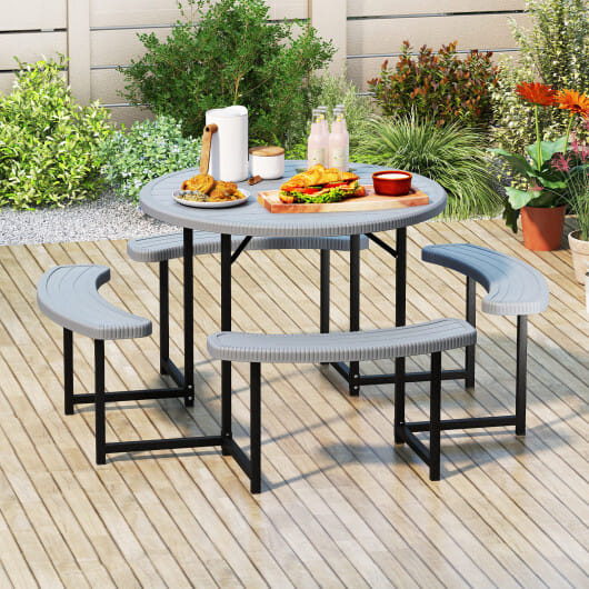 Round Picnic Table Bench Set with 4 Benches and Umbrella Hole for Patio Lawn-Gray - Color: Gray - Size: 31-40 Inch - Image 2