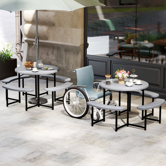 Round Picnic Table Bench Set with 4 Benches and Umbrella Hole for Patio Lawn-Gray - Color: Gray - Size: 31-40 Inch - Image 3