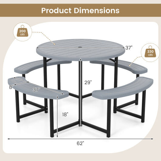 Round Picnic Table Bench Set with 4 Benches and Umbrella Hole for Patio Lawn-Gray - Color: Gray - Size: 31-40 Inch - Image 4