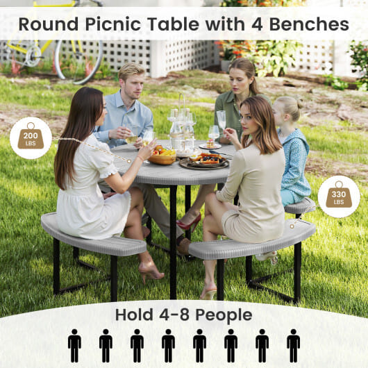 Round Picnic Table Bench Set with 4 Benches and Umbrella Hole for Patio Lawn-Gray - Color: Gray - Size: 31-40 Inch - Image 5
