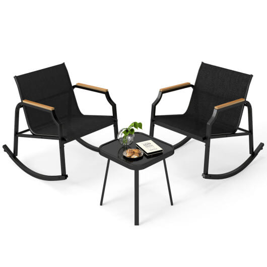 3 Piece Patio Rocking Bistro Set with Tempered Glass Coffee Table and Armrests for Porch-Black - Color: Black