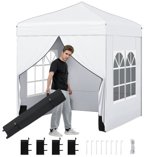 6.5 x 6.5 FT Pop up Canopy Tent with 4 Sidewalls and Wheeled Bag-white - Color: White