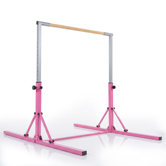 Foldable Gymnastics Bar for Kids with 3-Level Adjustable Heights-Pink - Color: Pink