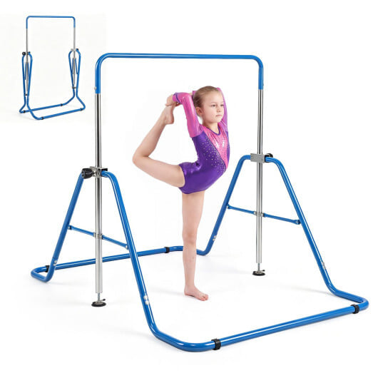 143 lbs Capacity Foldable and Adjustable Kids Gymnastics Bar with 5 Height Levels-Blue - Color: Blue