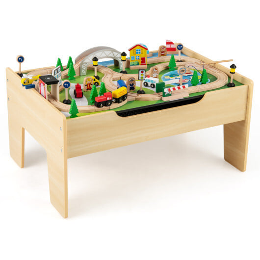 78 Pieces Wooden Train Set Activity Railway Playset for Kids Aged 18M+ - Color: Natural