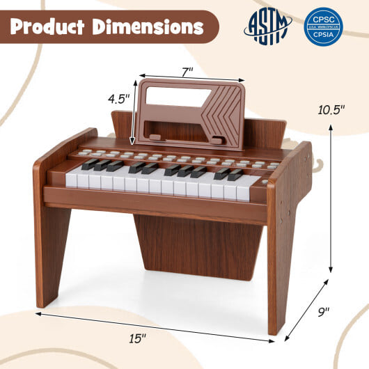 25 Keys Kids Piano Keyboard with Adjustable Speed and Volume-Brown - Color: Brown - Image 4