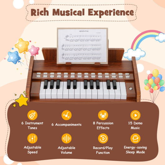 25 Keys Kids Piano Keyboard with Adjustable Speed and Volume-Brown - Color: Brown - Image 5