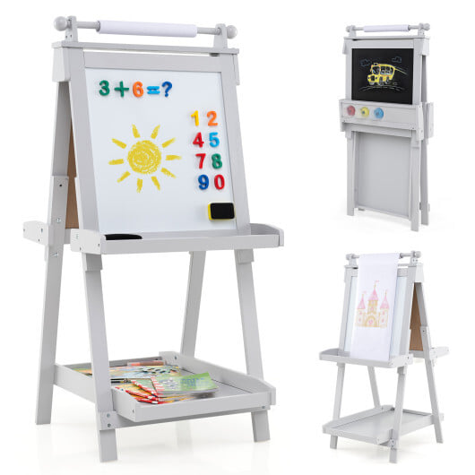 3-in-1 Double-sided Art Easel with Chalkboard and Magnetic Whiteboard-Gray - Color: Gray