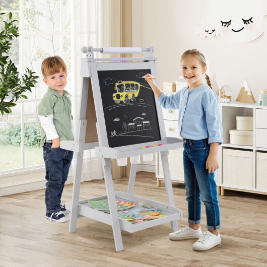 3-in-1 Double-sided Art Easel with Chalkboard and Magnetic Whiteboard-Gray - Color: Gray - Image 2