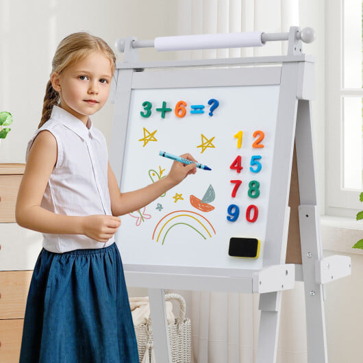 3-in-1 Double-sided Art Easel with Chalkboard and Magnetic Whiteboard-Gray - Color: Gray - Image 3