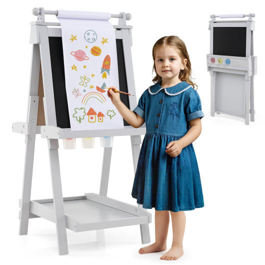3-in-1 Double-sided Art Easel with Chalkboard and Magnetic Whiteboard-Gray - Color: Gray - Image 4