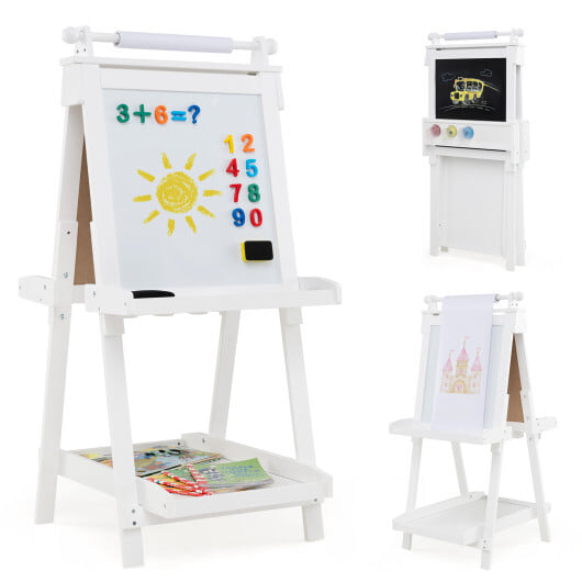 3-in-1 Double-sided Art Easel with Chalkboard and Magnetic Whiteboard-White - Color: White