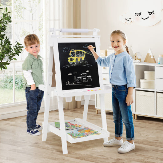 3-in-1 Double-sided Art Easel with Chalkboard and Magnetic Whiteboard-White - Color: White - Image 2
