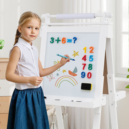 3-in-1 Double-sided Art Easel with Chalkboard and Magnetic Whiteboard-White - Color: White - Image 3