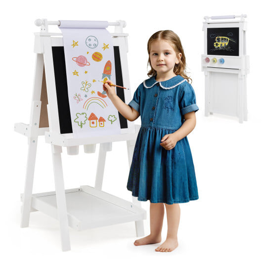 3-in-1 Double-sided Art Easel with Chalkboard and Magnetic Whiteboard-White - Color: White - Image 4