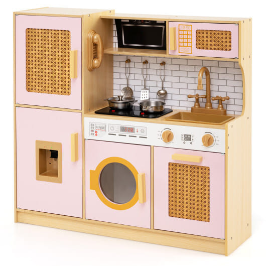 Kids Wooden Kitchen Playset with Realistic Lights and Sounds-Pink - Color: Pink