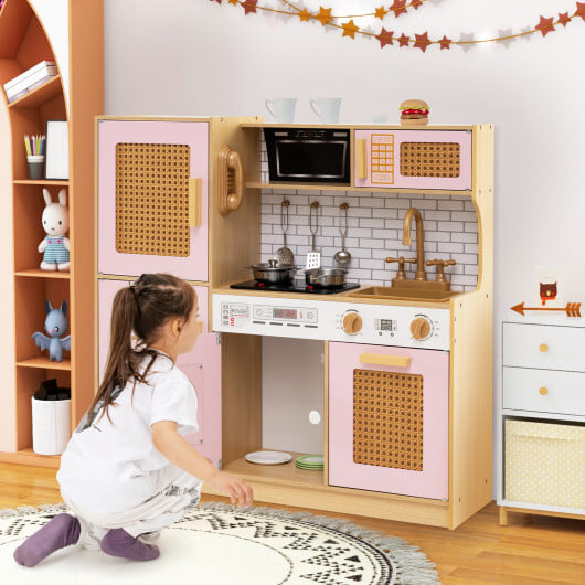 Kids Wooden Kitchen Playset with Realistic Lights and Sounds-Pink - Color: Pink - Image 2