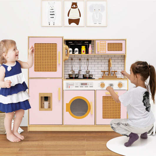 Kids Wooden Kitchen Playset with Realistic Lights and Sounds-Pink - Color: Pink - Image 3