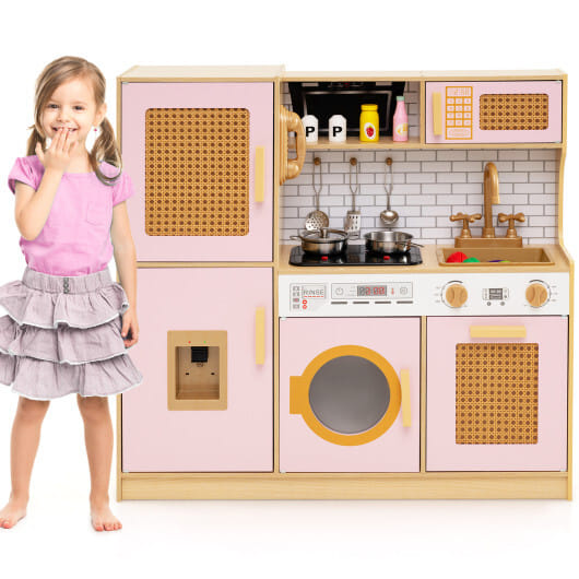 Kids Wooden Kitchen Playset with Realistic Lights and Sounds-Pink - Color: Pink - Image 4