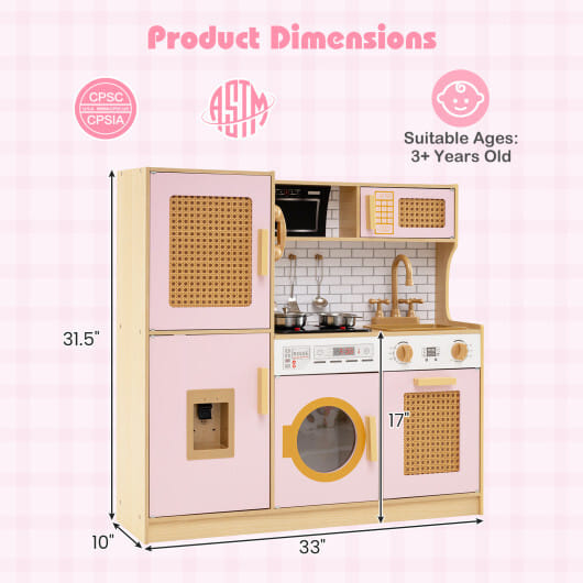 Kids Wooden Kitchen Playset with Realistic Lights and Sounds-Pink - Color: Pink - Image 5