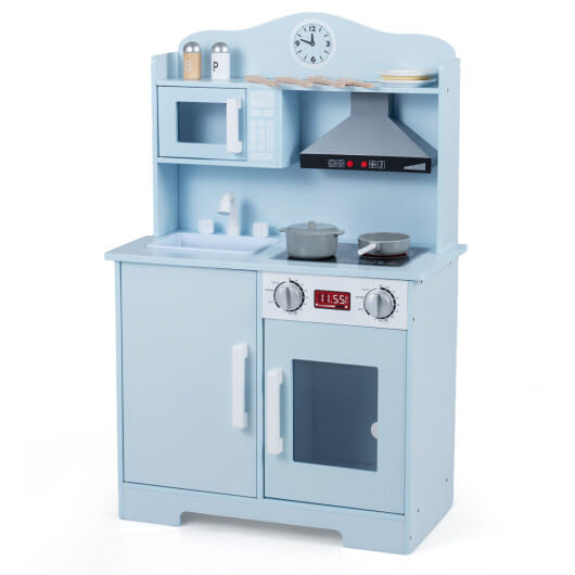 Play Kitchen for Kids Wooden Playset with Range Hood and Microwave-Blue - Color: Blue