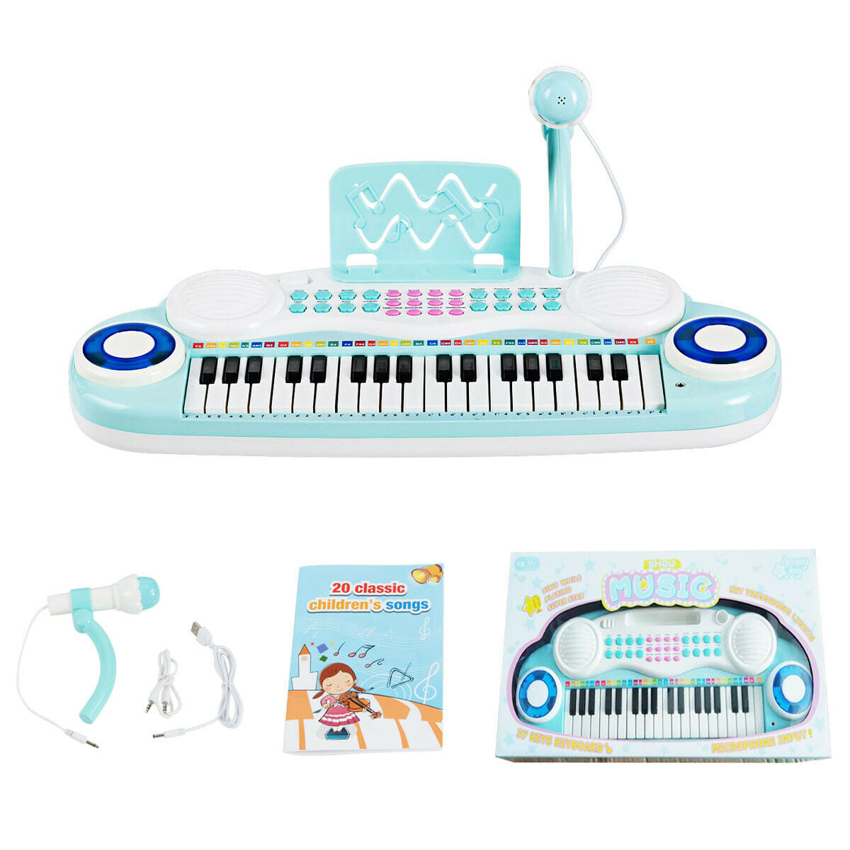 Multifunctional 37 Electric Keyboard Piano with Microphone-Blue - Color: Blue - Image 3