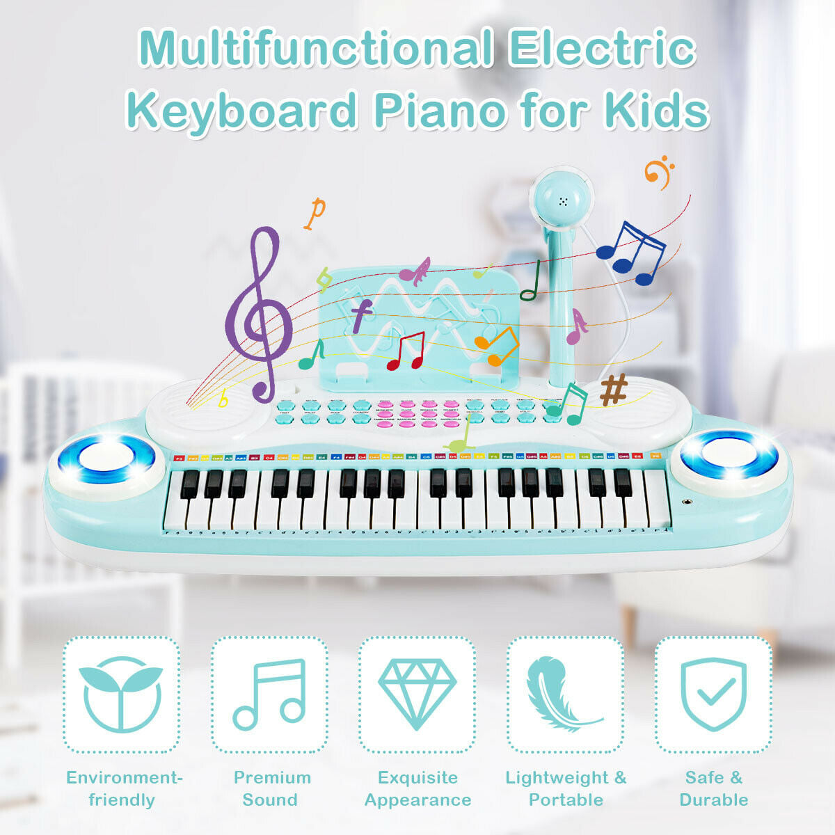 Multifunctional 37 Electric Keyboard Piano with Microphone-Blue - Color: Blue - Image 4
