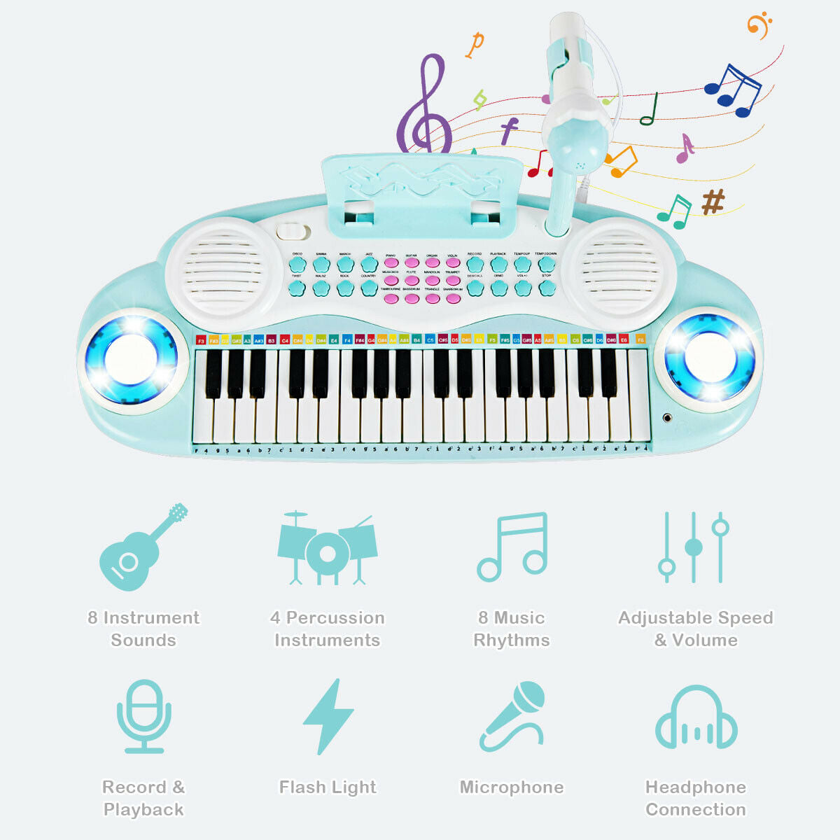 Multifunctional 37 Electric Keyboard Piano with Microphone-Blue - Color: Blue - Image 5