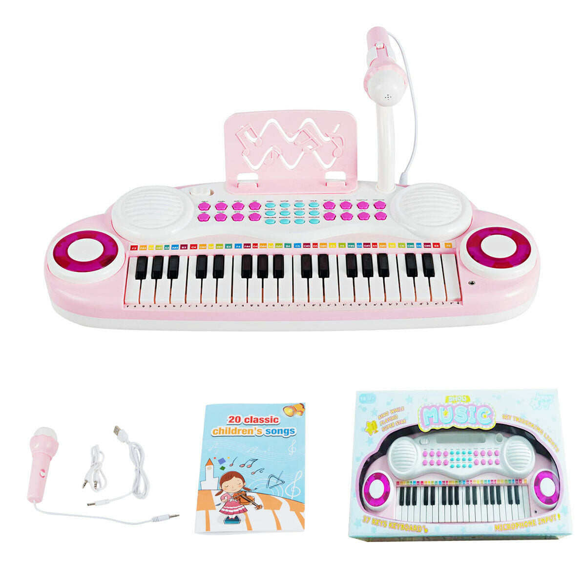 Multifunctional 37 Electric Keyboard Piano with Microphone-Pink - Color: Pink - Image 3