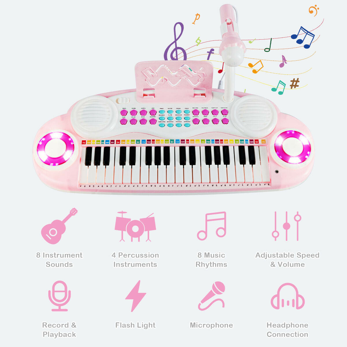 Multifunctional 37 Electric Keyboard Piano with Microphone-Pink - Color: Pink - Image 4