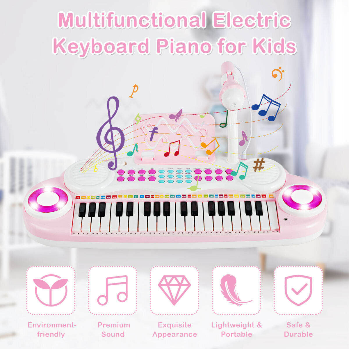 Multifunctional 37 Electric Keyboard Piano with Microphone-Pink - Color: Pink - Image 5