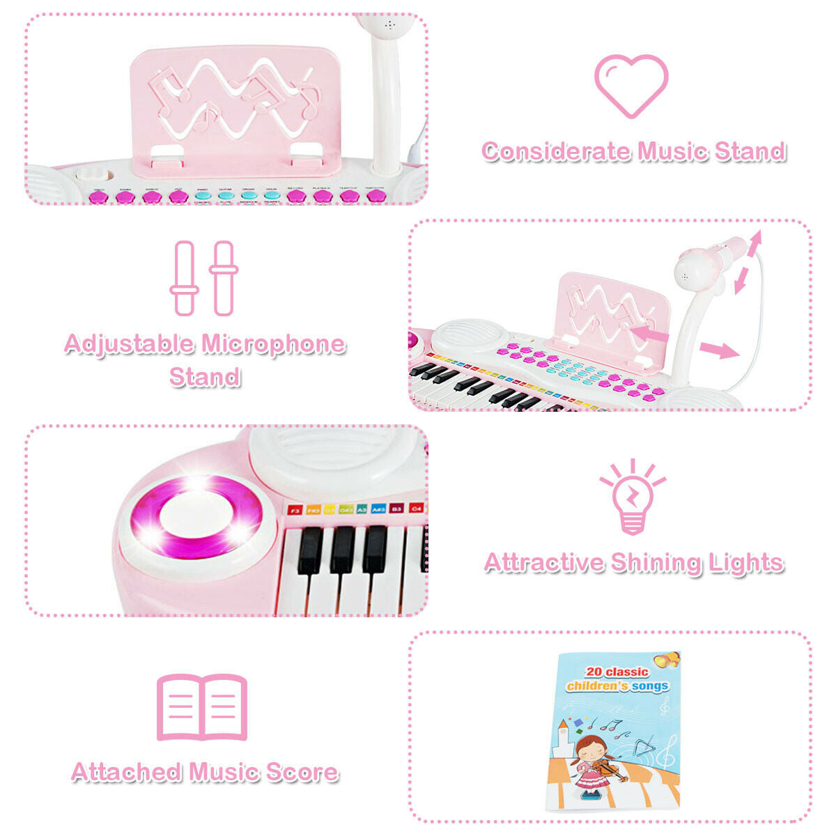 Multifunctional 37 Electric Keyboard Piano with Microphone-Pink - Color: Pink - Image 6