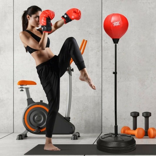 Adjustable Height Punching Bag with Stand Plus Boxing Gloves for Both Adults and Kids - Color: Black & Red - Image 2