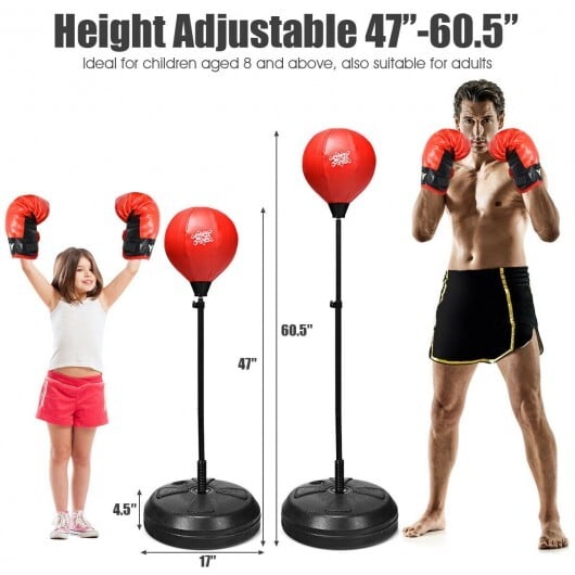 Adjustable Height Punching Bag with Stand Plus Boxing Gloves for Both Adults and Kids - Color: Black & Red - Image 4