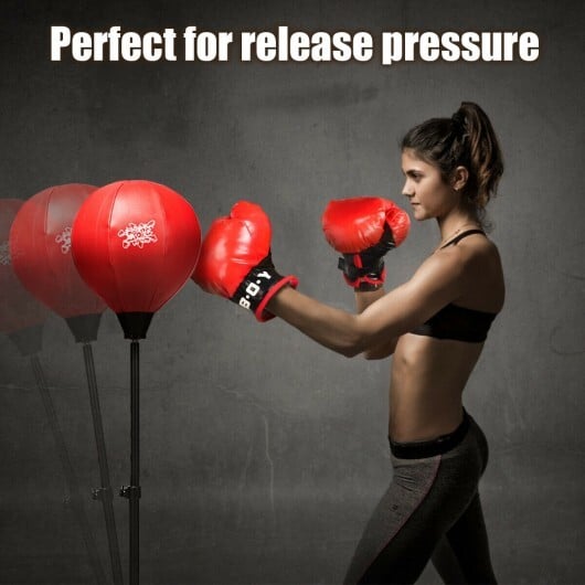 Adjustable Height Punching Bag with Stand Plus Boxing Gloves for Both Adults and Kids - Color: Black & Red - Image 5