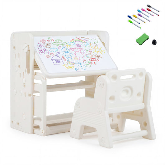 Kids Writing Desk and Chair Set with Side Bookshelves-White - Color: White
