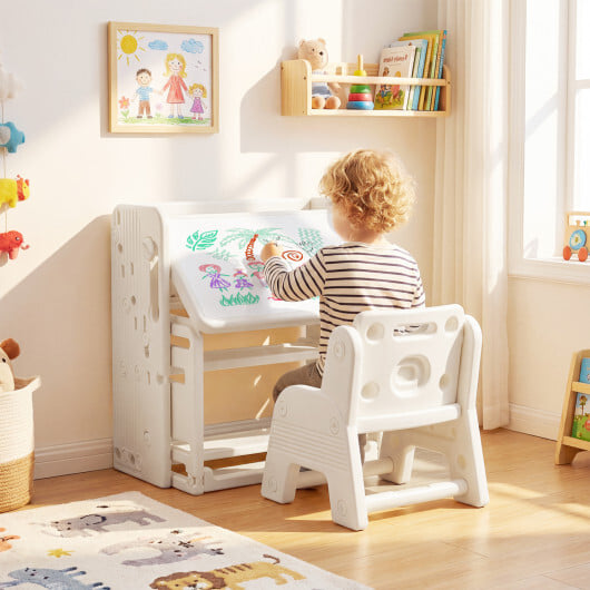 Kids Writing Desk and Chair Set with Side Bookshelves-White - Color: White - Image 2