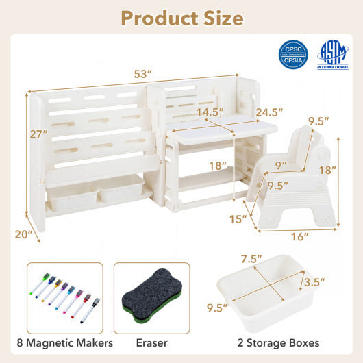 Kids Writing Desk and Chair Set with Side Bookshelves-White - Color: White - Image 3