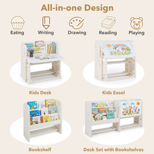 Kids Writing Desk and Chair Set with Side Bookshelves-White - Color: White - Image 4