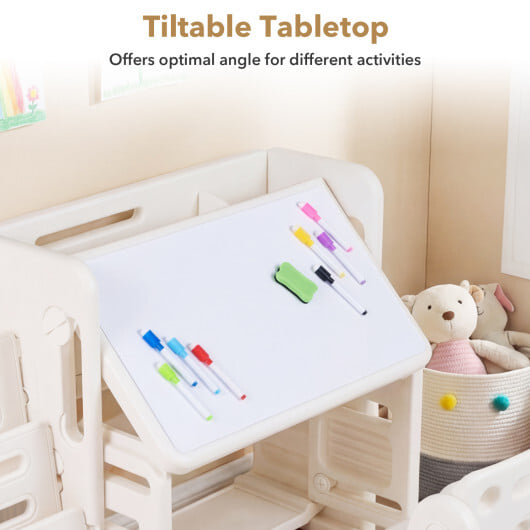 Kids Writing Desk and Chair Set with Side Bookshelves-White - Color: White - Image 5