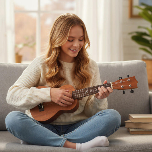 21 Inch Soprano Mahogany Wooden Ukelele Set with Adjustable Strap - Color: Natural - Image 2