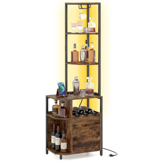 Costway 6-Tier Corner Bar Cabinet with LED Lights and Charging Station for Kitchen-Rustic Brown - Color: Rustic Brown