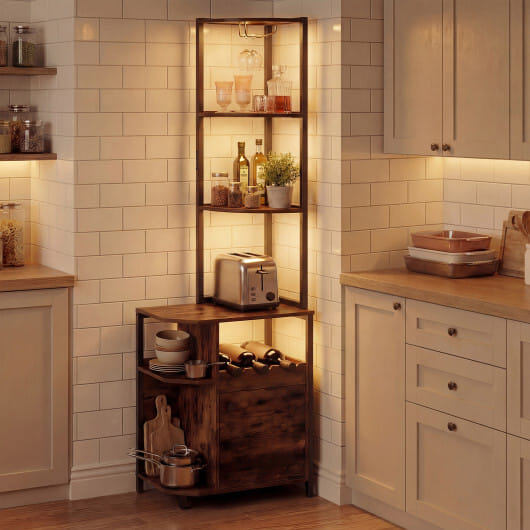 Costway 6-Tier Corner Bar Cabinet with LED Lights and Charging Station for Kitchen-Rustic Brown - Color: Rustic Brown - Image 2