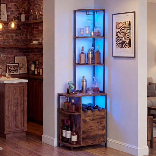 Costway 6-Tier Corner Bar Cabinet with LED Lights and Charging Station for Kitchen-Rustic Brown - Color: Rustic Brown - Image 3