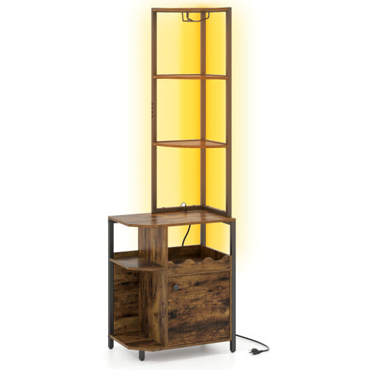 Costway 6-Tier Corner Bar Cabinet with LED Lights and Charging Station for Kitchen-Rustic Brown - Color: Rustic Brown - Image 4