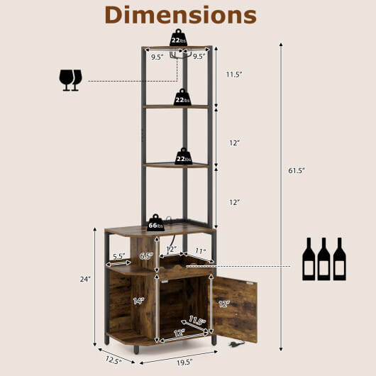 Costway 6-Tier Corner Bar Cabinet with LED Lights and Charging Station for Kitchen-Rustic Brown - Color: Rustic Brown - Image 5