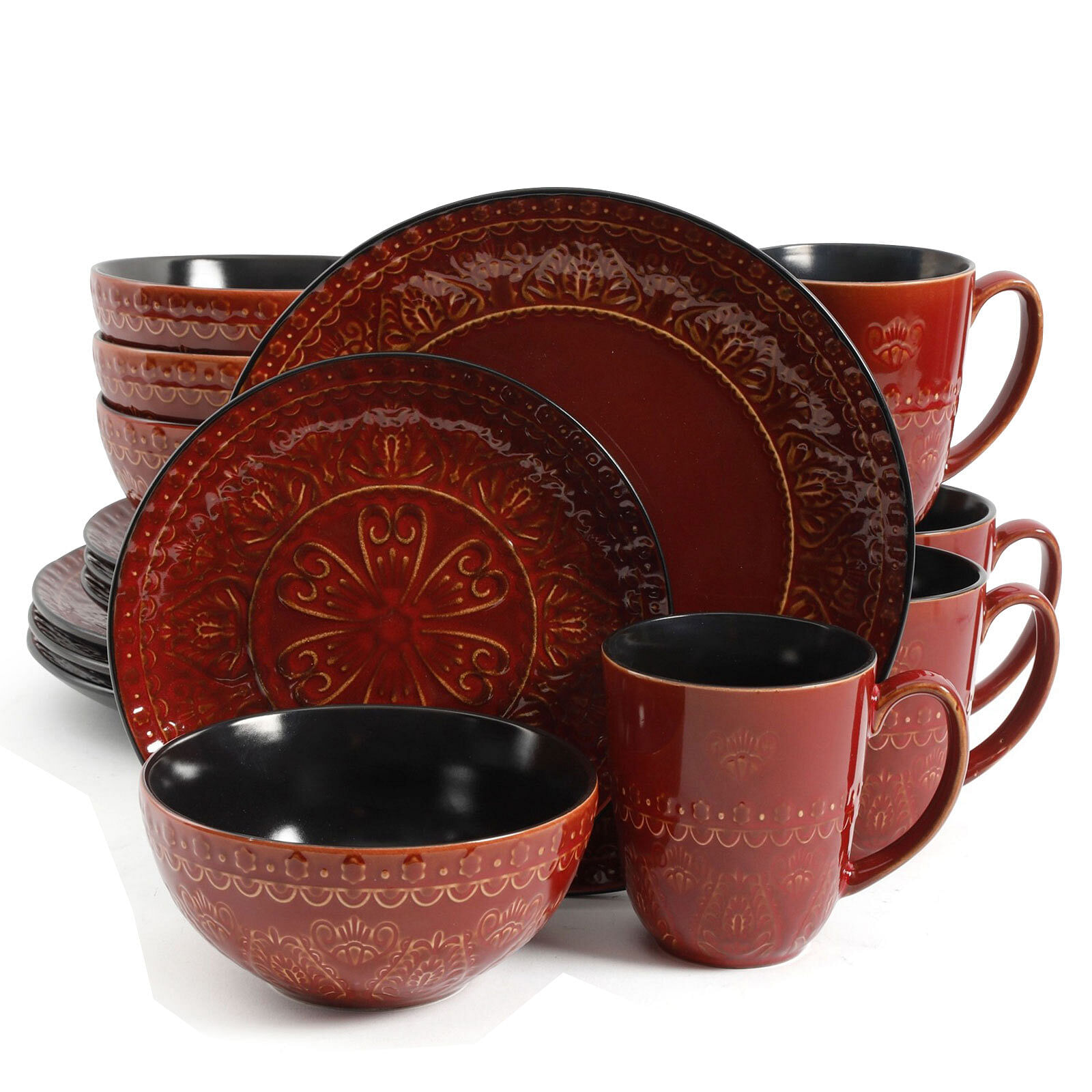 Gibson Elite Milanto 16 Piece Stoneware Dinnerware Set Red