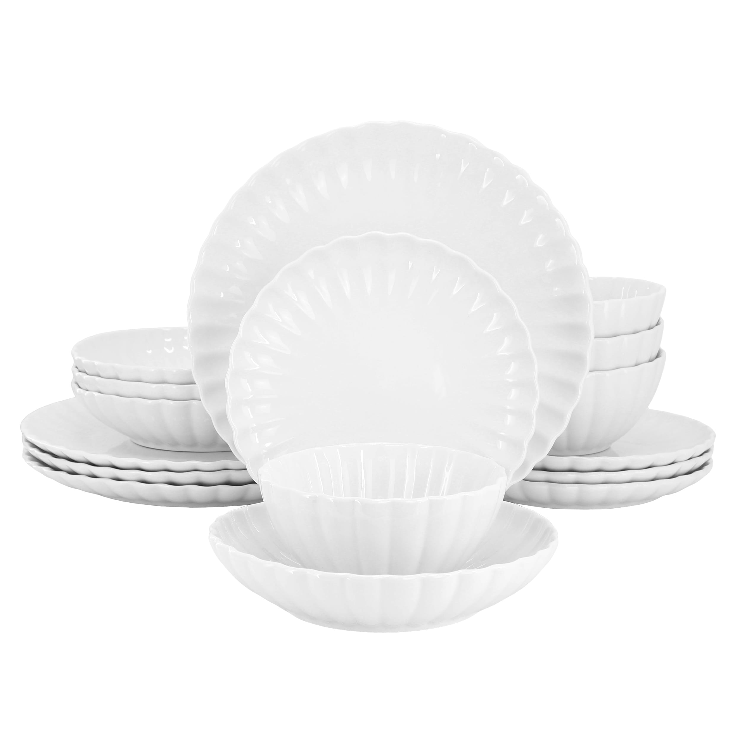 Elama Jane 16 Piece Scalloped Double Bowl Porcelain Dinnerware Set in White
