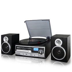 Category: Dropship Gadgets & Gifts, SKU #TRX-28SP-RB, Title: Trexonic 3-Speed Turntable With CD Player, FM Radio, Bluetooth, USB/SD Recording and Wired Shelf Speakers
