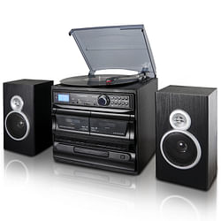Category: Dropship Gadgets & Gifts, SKU #TRX-811BS-RB, Title: Trexonic 3-Speed Turntable With CD Player, Dual Cassette Player, BT, FM Radio & USB/SD Recording and Wired Shelf Speakers